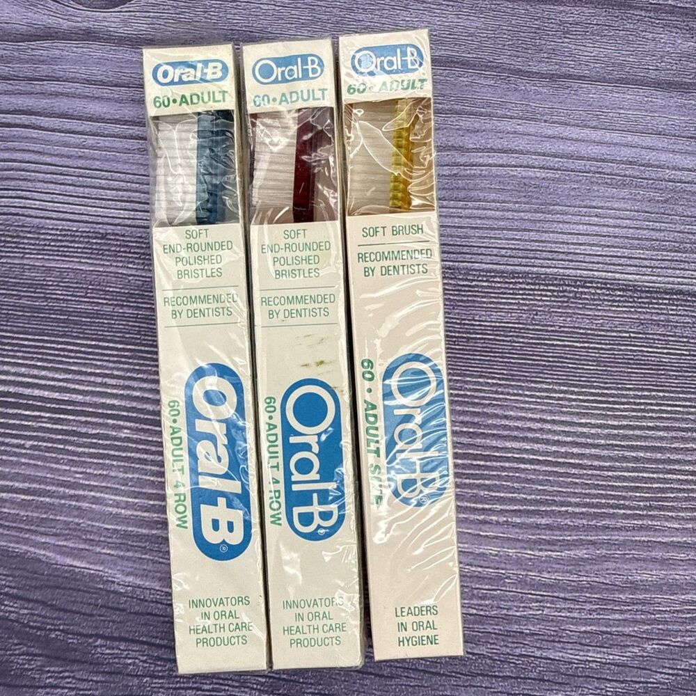 3 VTG Oral B 60 Soft Toothbrush End Rounded Bristle 4 Row Large Head 1985 Adult